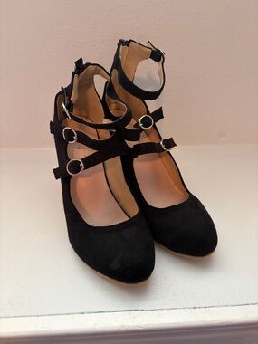 Women's Black Strappy Round-Toe Heels Tripe buckle Zip back